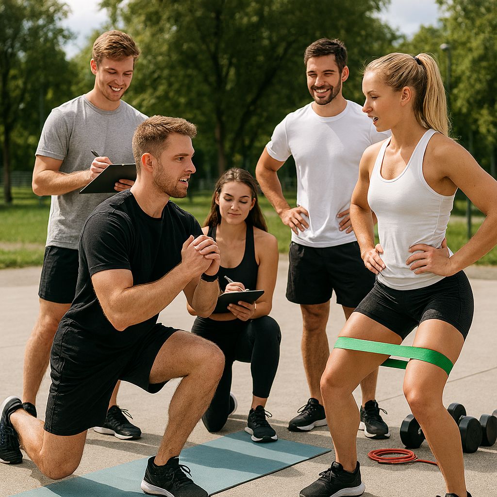 Teilnehmer absolvieren eine Übung im Freien für die Fitnesstrainer B-Lizenz.